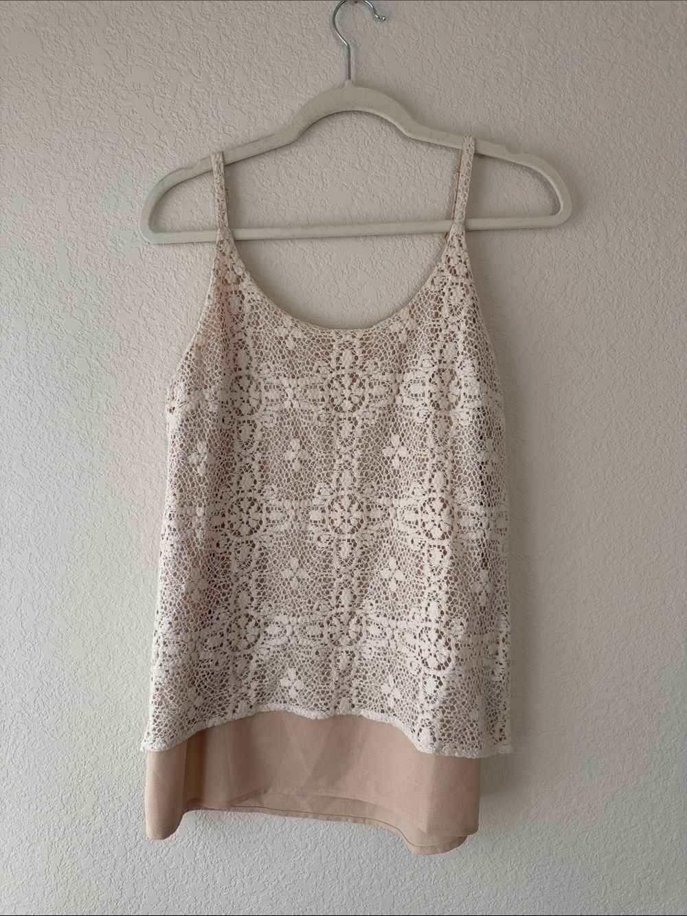 CAbi Crochet Lace Layered Camisole in Cream and Nude